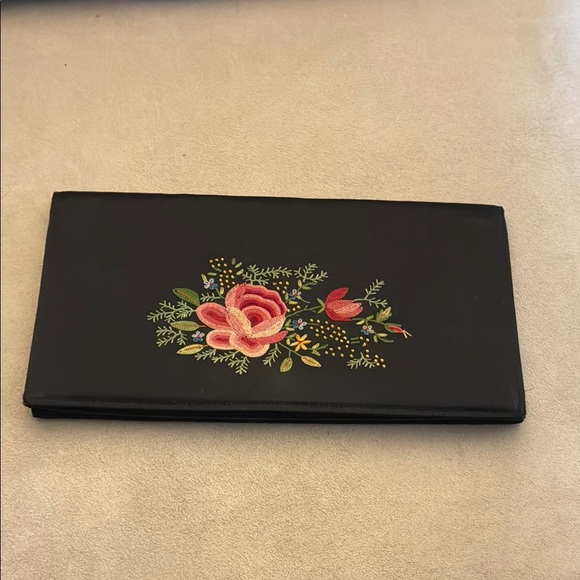 Handbags - Embroidered Black Clutch with Floral Design